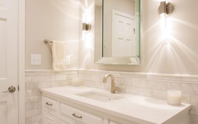 Newly remodeled bathroom with white counter and cabinets