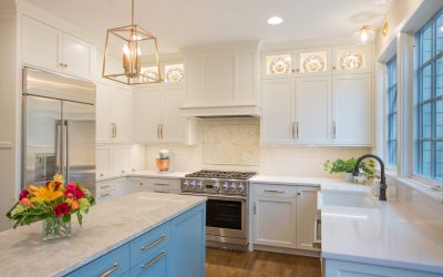 New Kitchen Remodel With White and Blue Cabinets and Kitchen Island