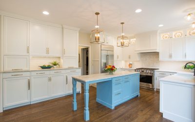 New Kitchen Remodel With White and Blue Cabinets and Kitchen Island