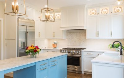New Kitchen Remodel With White and Blue Cabinets and Kitchen Island